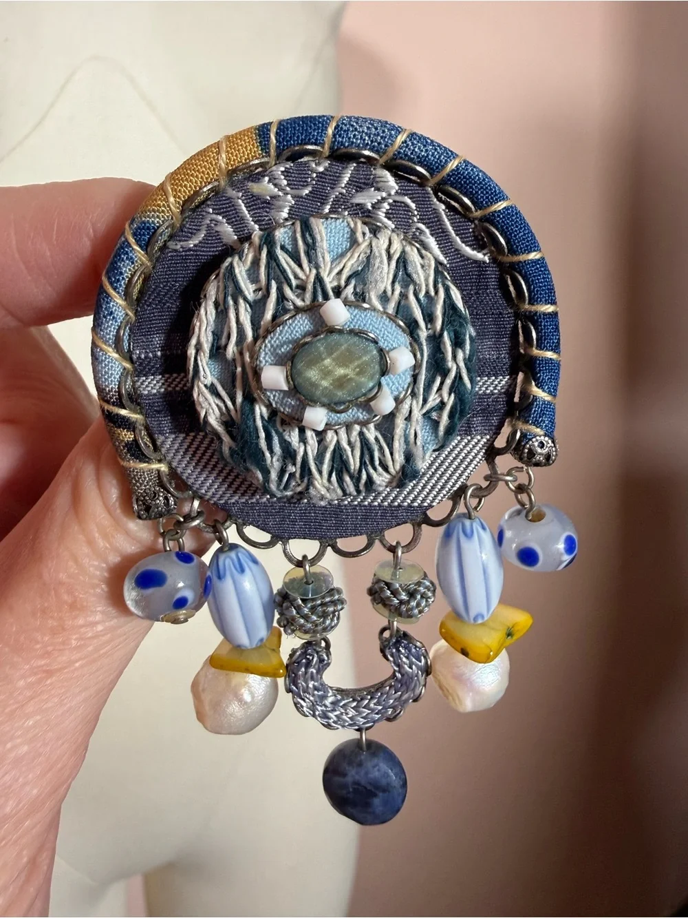 Ayala Bar artisan mixed media blue oversized brooch pendent